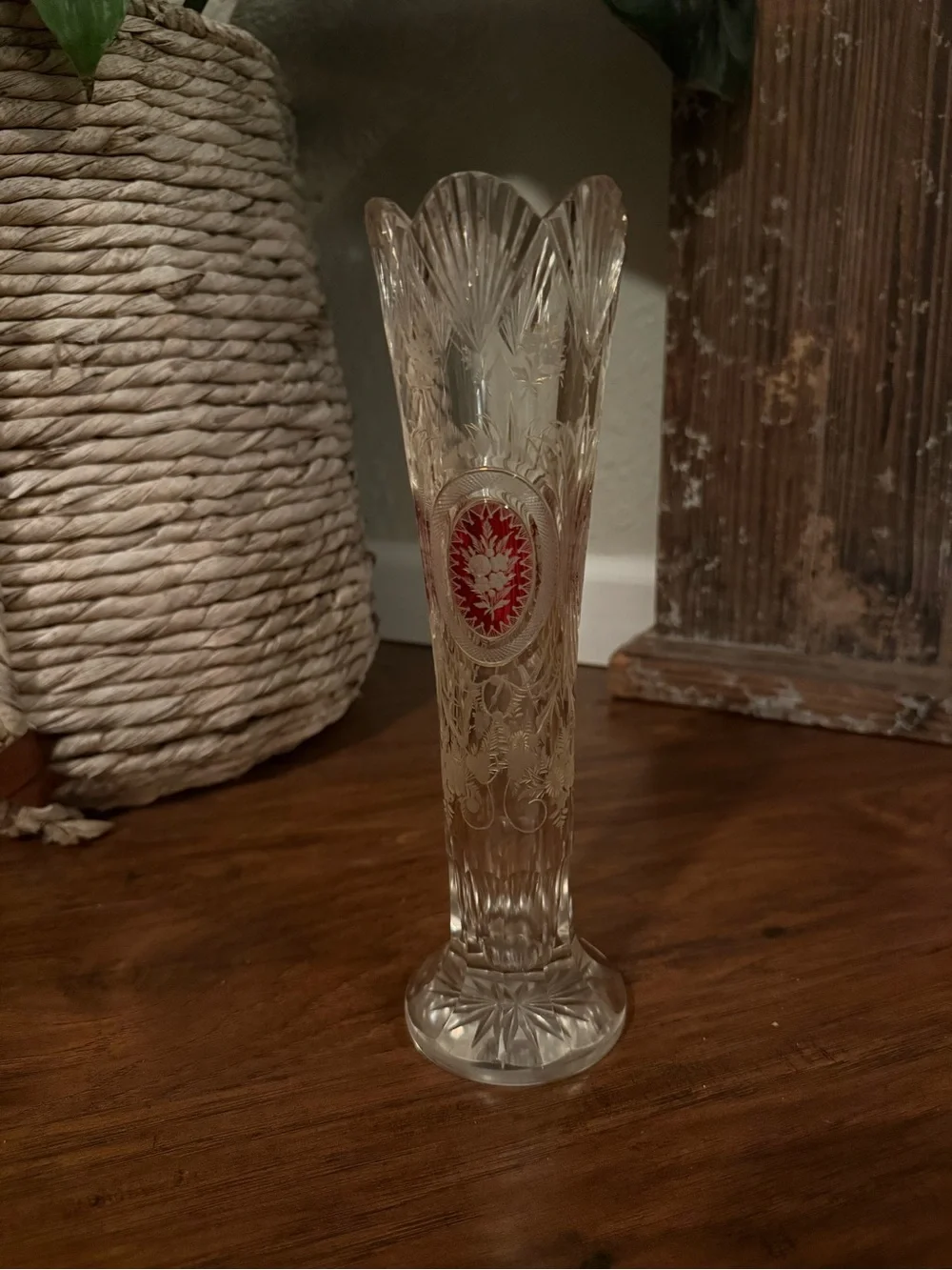 Vintage Bohemian Czech Crystal Vase Ruby Flash Gold Gilt Floral 10” Vase (Rare)